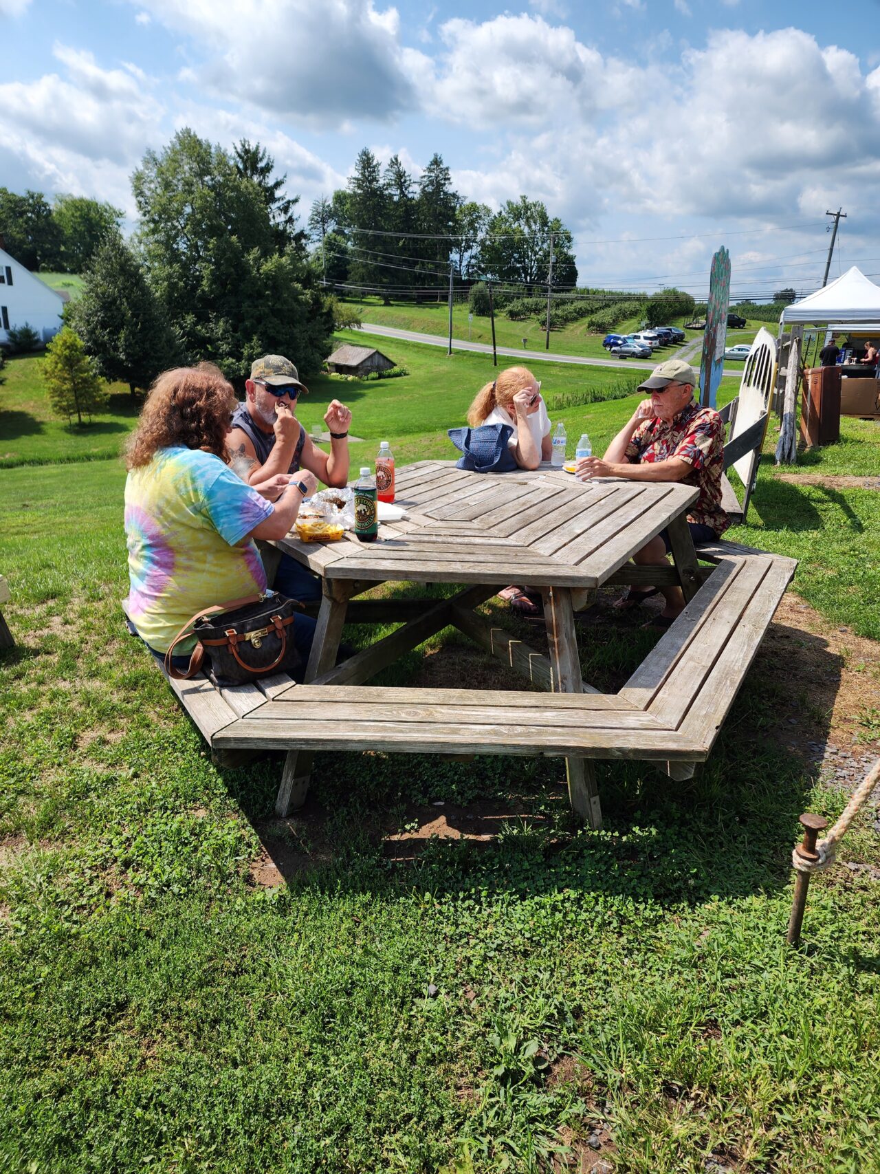 Customers enjoying lunch on outdoor picnic table.